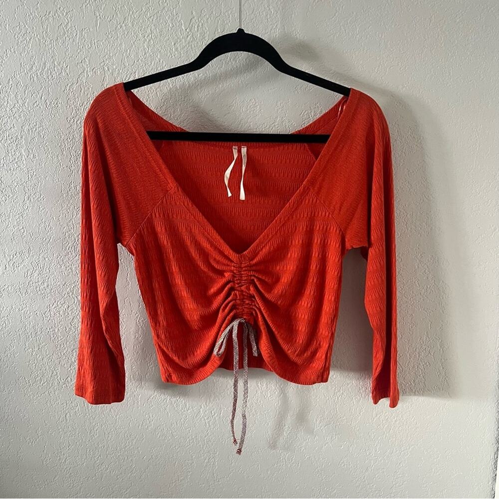 Anthropologie Orange Ribbed Drawstring Crop Top - Picture 5 of 10